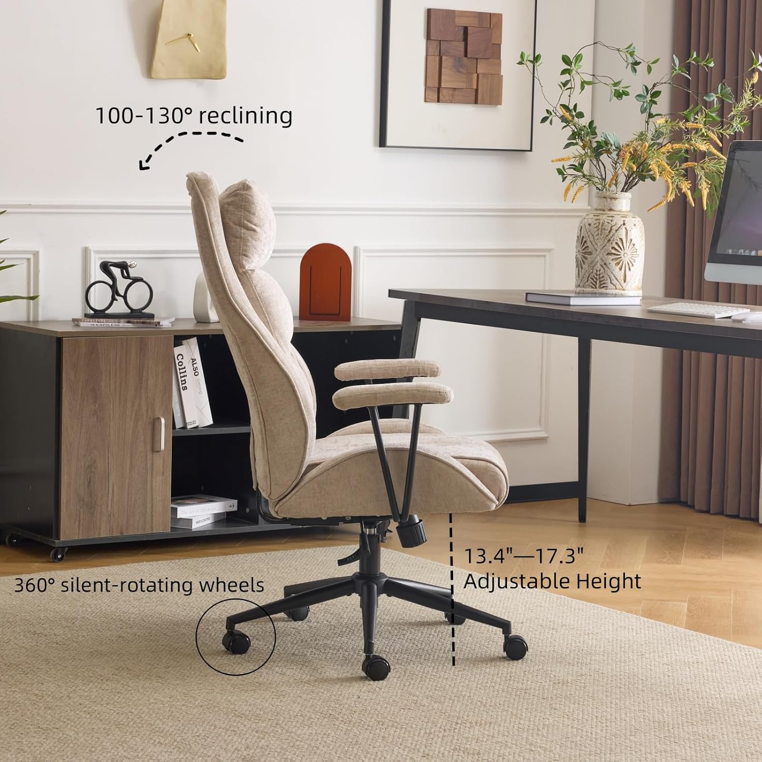 VINGLI Chenille Executive Ergonomic Fabric Office Chair with 100-130° Recline, High-Back Desk Chair with Adjustable Base &Padded Back & Wheels, Comfy Chair for Gaming, Computer, Home Office,Dark Gray