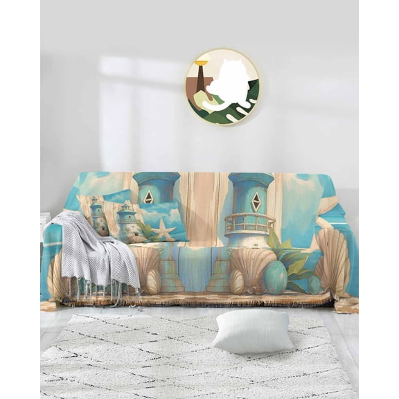 Summer Ocean Starfish Sofa Couch Covers for 3 Cushion Couch,Washable L Shape Sectional Sofa Covers for Loverseat/Pet,Beach Light-house Shell Plants Sky Blue Slipcover Throw Blanket Futon Cover 71x134
