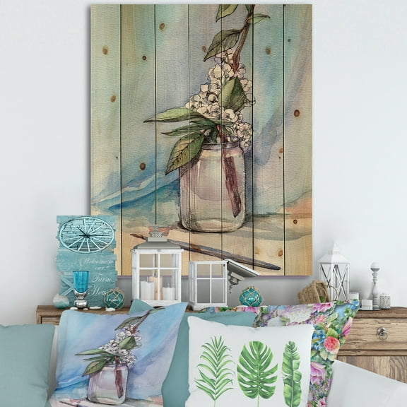 Designart 'Cherry Blossom Flowers In Glass Jar' Farmhouse Print on Natural Pine Wood
