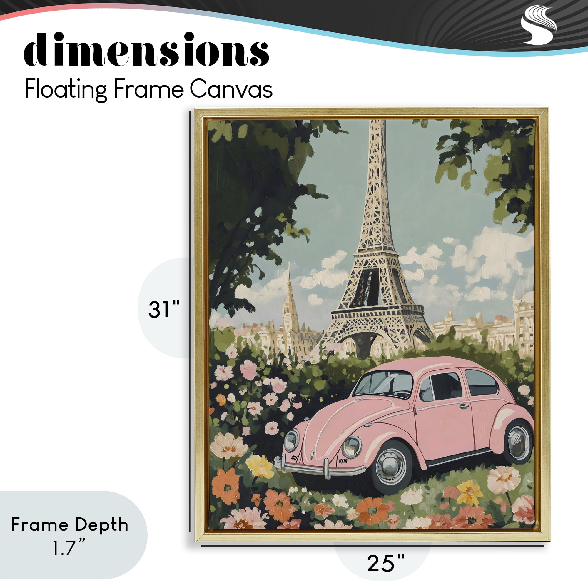 Stupell Industries Paris Pink Car in Bloom Gold Framed Floater Canvas Wall Art, design by The Prints Vibe