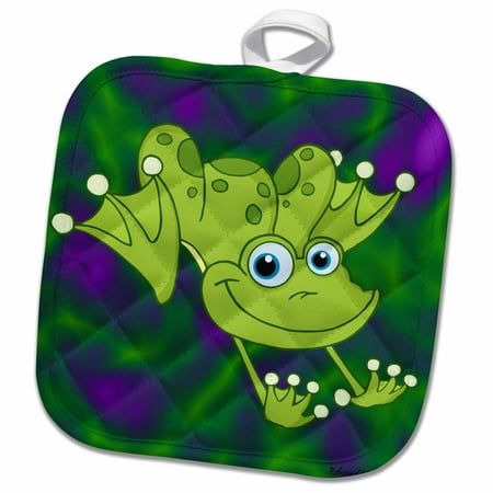 

3dRose Leaping Bullfrog Green Background - Pot Holder 8 by 8-inch