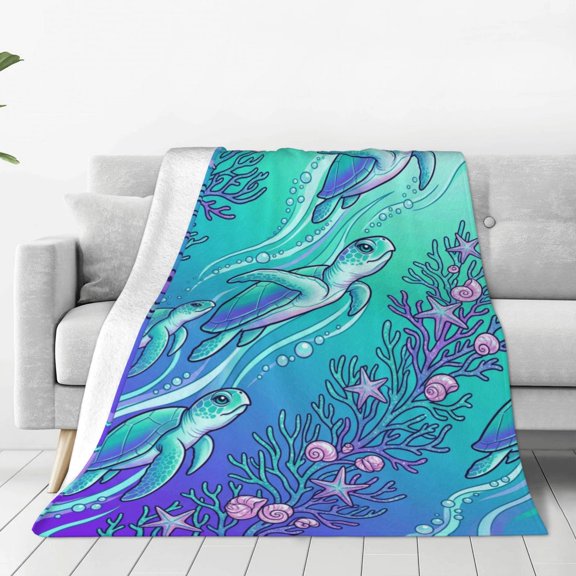 Sea Turtle Blanket, Ocean Themed Flannel Throw, Soft Warm Blanket for Sofa, Couch, Chairs and Bed 50x40