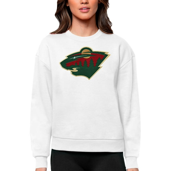 Women's Antigua White Minnesota Wild Primary Logo Team Logo Victory Crewneck Pullover Sweatshirt