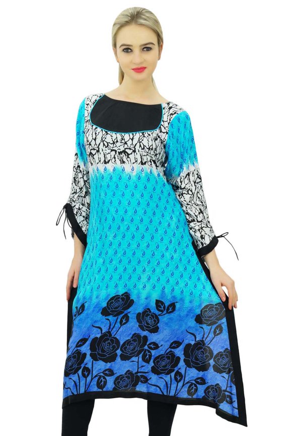 Designer Ethnic Indian Kurta Kurti Rayon Tunic Blouse With Asymmetrical Hem
