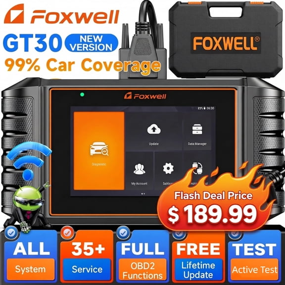FOXWELL GT30 OBD2 Scanner Diagnostic Tool, Full System Bidirectional Diagnostic Scan Tool with 35  Resets, ECU Co-ding, ABS/Oil Reset, Car Code Reader for All Cars, Lifetime Free Update