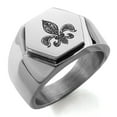 thumbnail image 1 of Stainless Steel Paisley Fleur De Lis Engraved Hexagon Crest Flat Top Biker Style Polished Ring, 1 of 1