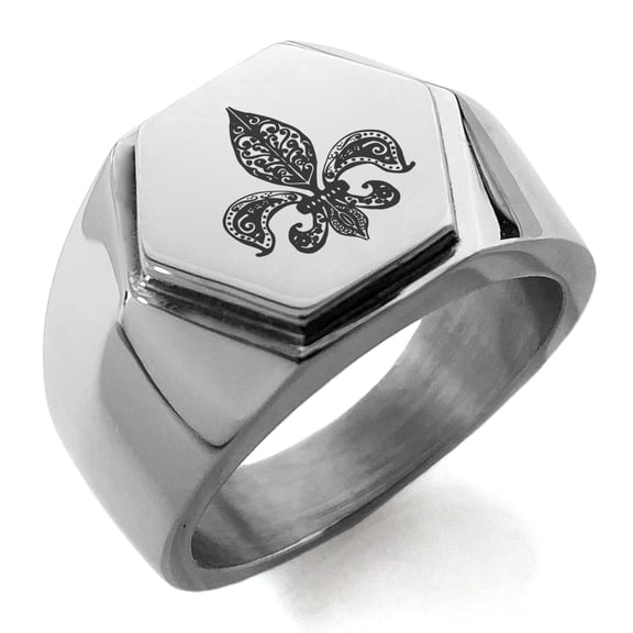 Stainless Steel Paisley Fleur De Lis Engraved Hexagon Crest Flat Top Biker Style Polished Ring
