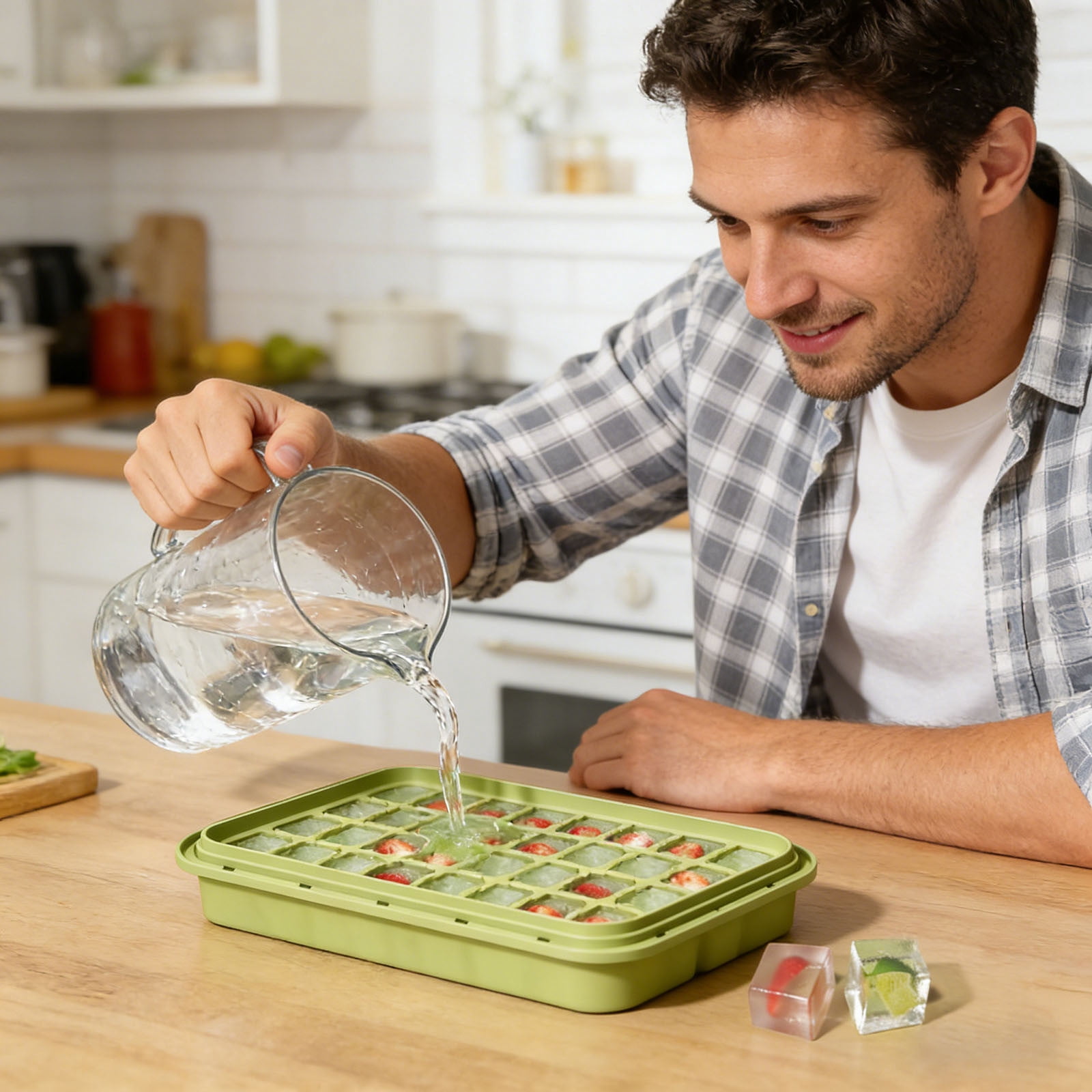 Ice Tray with Storage Container - 8.66x4.33x5.51 Inch Silicone Ice Mold with Removable Ice Bin - Stackable Ice Maker for Freezer, Summer Drink Accessories (A)
