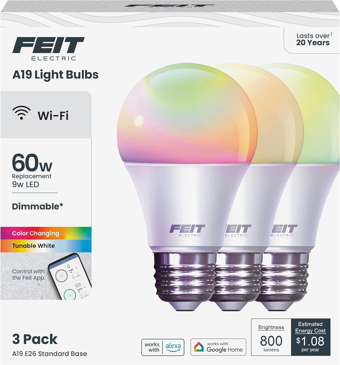 FEFEFW-OM60/RGBW/CA/AG/3 60 Watt Equivalent WiFi Color Changing and Tunable White, Dimmable, No Hub Required, Alexa or Google Assistant A19 LED Smart Light Bulb, 3-Pack, Rgbw Multicolor, 60W