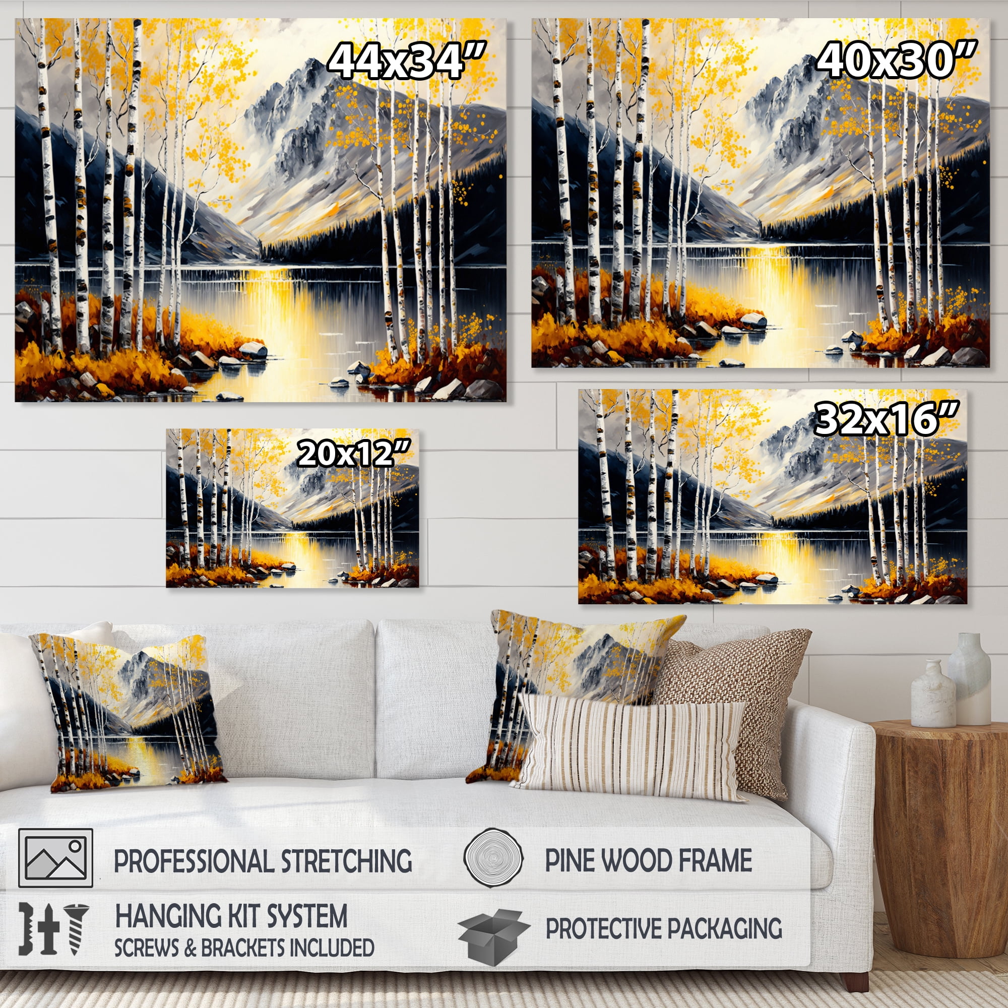 Designart Monochrome Golden Birch Trees By The Lake II Canvas Wall Art