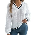 thumbnail image 2 of Sweaters for Women 2025 Fall Winter Lattern Sleeve V-Neck Cable Knit Sweater Jumper Top Womens Pullover Sweaters, 2 of 6