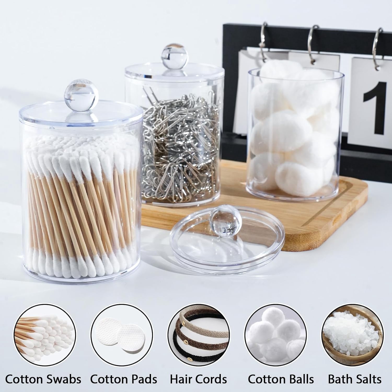 RGHJAR-6 Pack Qtip Holder,Canister Apothecary Jar Set, Bathroom Jars with Lids Set for Cotton Swabs, Balls, Pads, Floss Picks,10oz-12oz Plastic Canisters Restroom Bedroom Vanity Organizer(Clear)