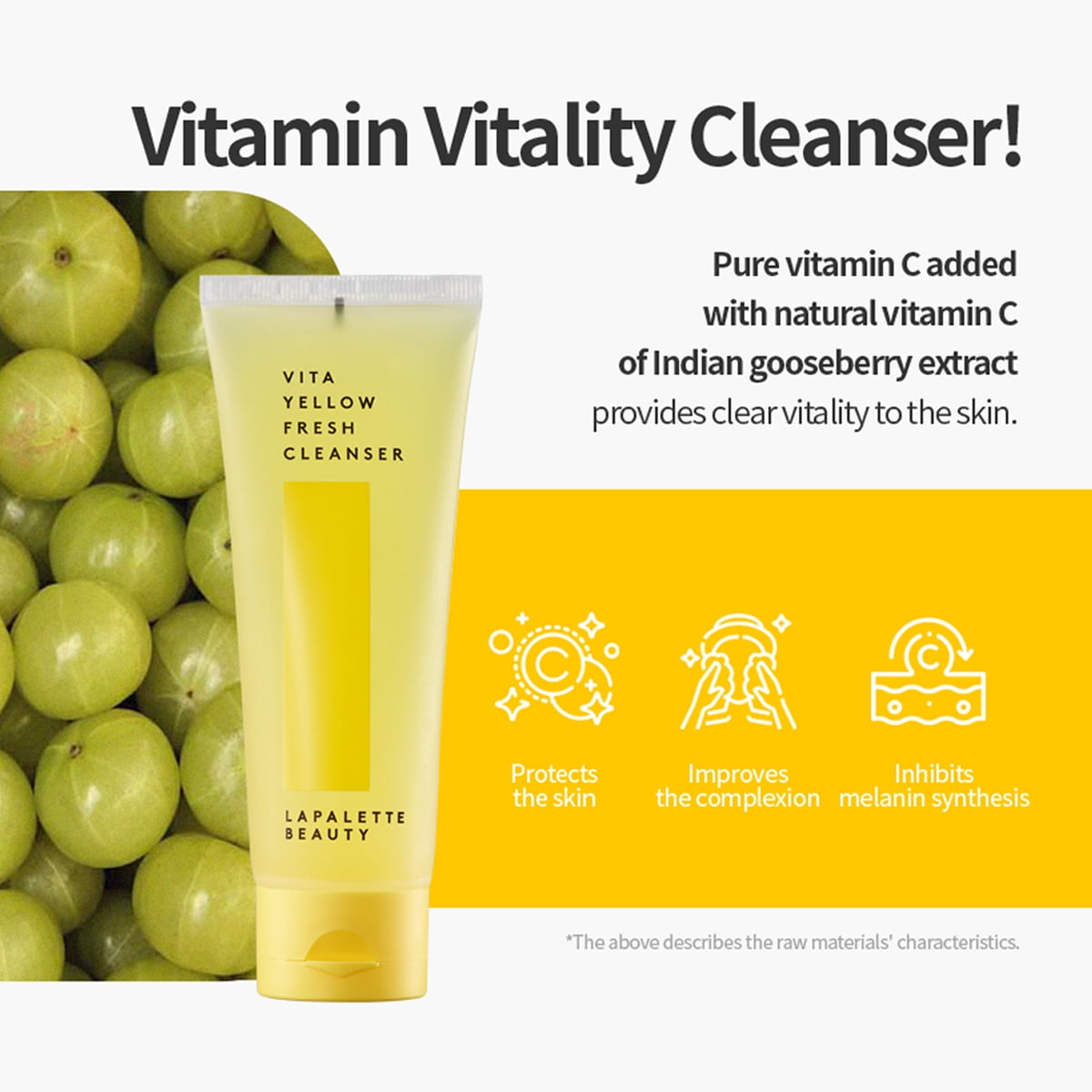 Vita Yellow Fresh Cleanser 100ml/3.38 fl.oz, Make-up remover 1-step cleanser, Pure VitaminC&Natural VitaminC for brightening
