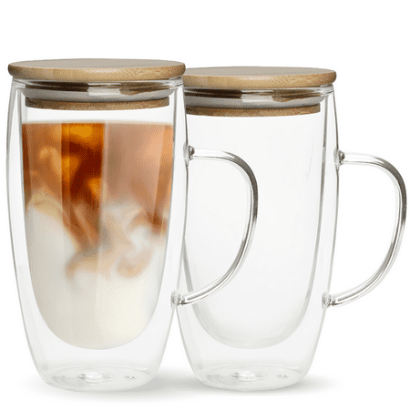

Chef s Unique Double Walled Glass Coffee Mugs 16 oz Insulated Coffee Mugs with Handle And Bamboo Lid Clear Glass Cups for Coffee Tea Clear Coffee Mugs Set Dishwasher Safe (2 Pack)
