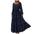 thumbnail image 1 of Robes Grande Taille Jupe Plissée à Manches Longues Col Carré Décontracté à Pois Robe Fluide de Printemps Bleu Foncé TTG, 1 of 4