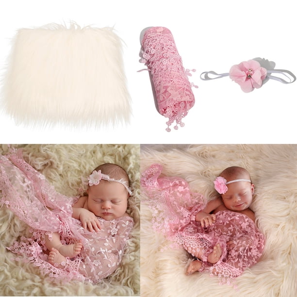Newborn Baby Photoshoot Prop Set - Swaddle Wrap, Big Bow Headband, And Blanket Mat (3 Pcs)