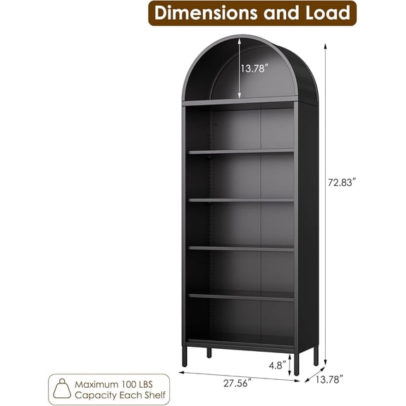 73 Tall Arched Bookcase Cabinet, 6-Tiers Metal Black Storage Shelf for Home Office Living Room