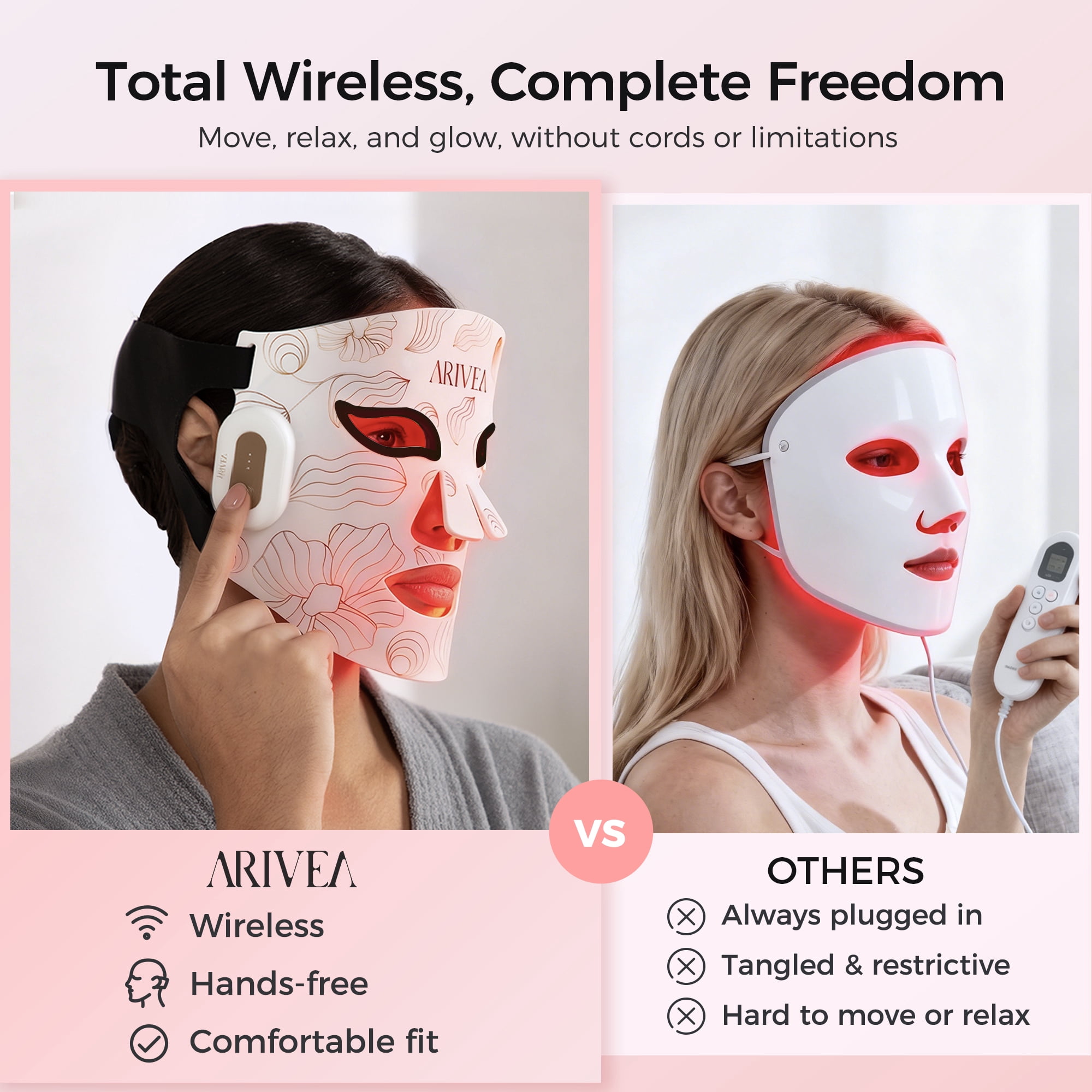 ARIVEA LED Red Light Therapy Face Mask – Wireless Rechargeable Skin Rejuvenation Device for Home, Travel & Facial Care, White