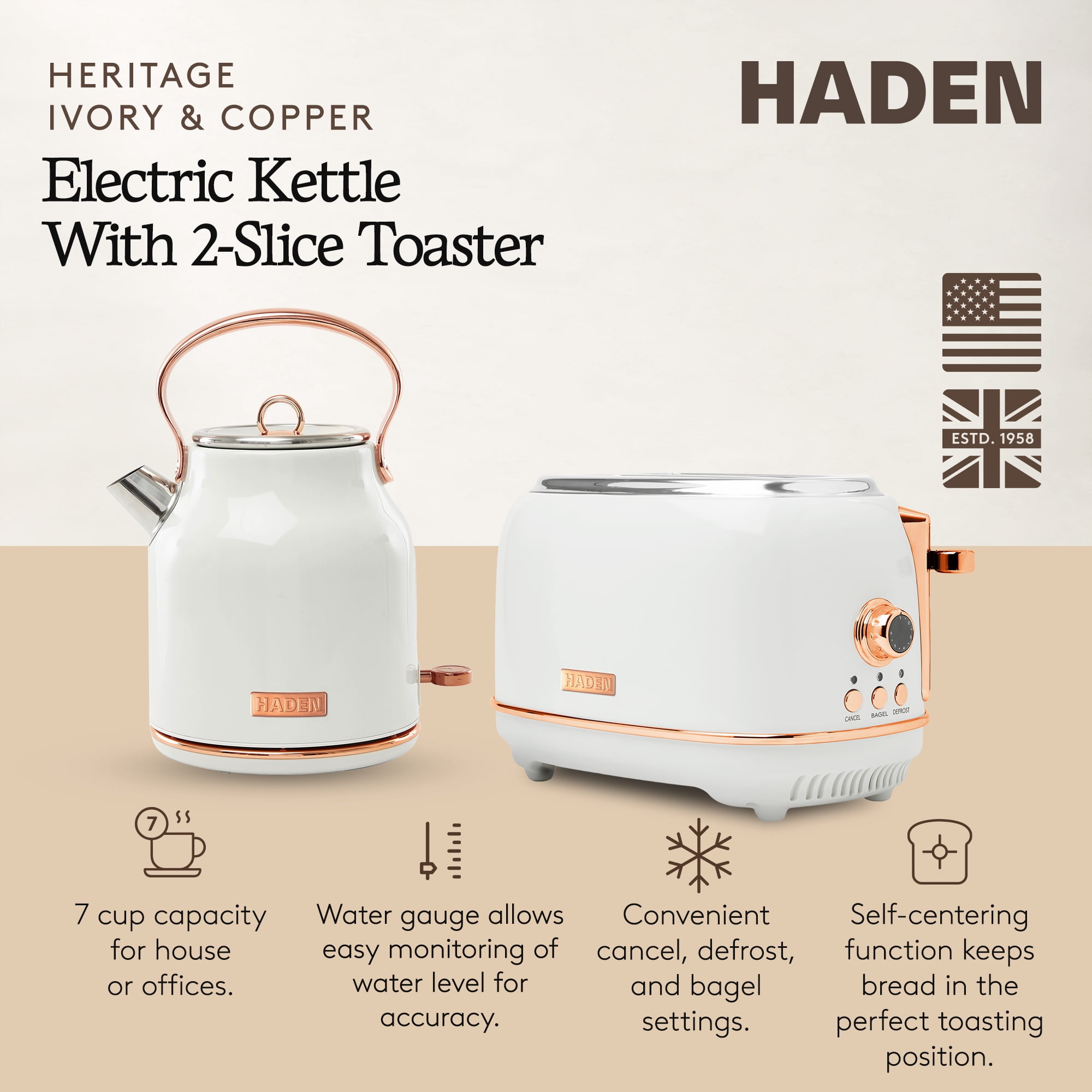 Haden Heritage 2 Slice Wide Toaster & Electric Water Kettle, Ivory & Copper