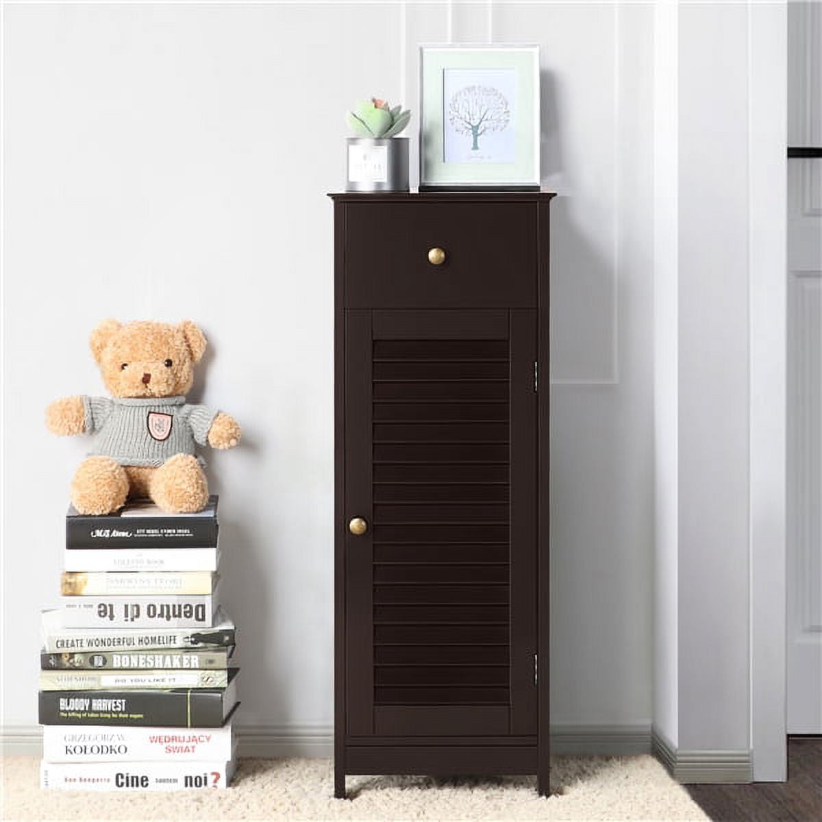 Alden Design Wooden Storage Floor Cabinet with Drawer for Bathroom, Espresso
