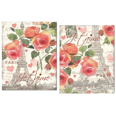 - Gorgeous Pink Paris Eiffel Tower Rose and Heart Set; Floral Decor; Two 12x12in Paper Posters. Pink/Cream/Green
