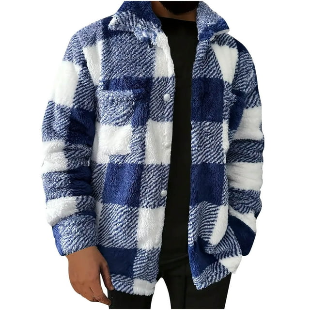 Yuyuzo Fleece Jacket for Men Sherpa Fuzzy Plaid Color Block Winter Coats Button down Collared Long Sleeve Shackets