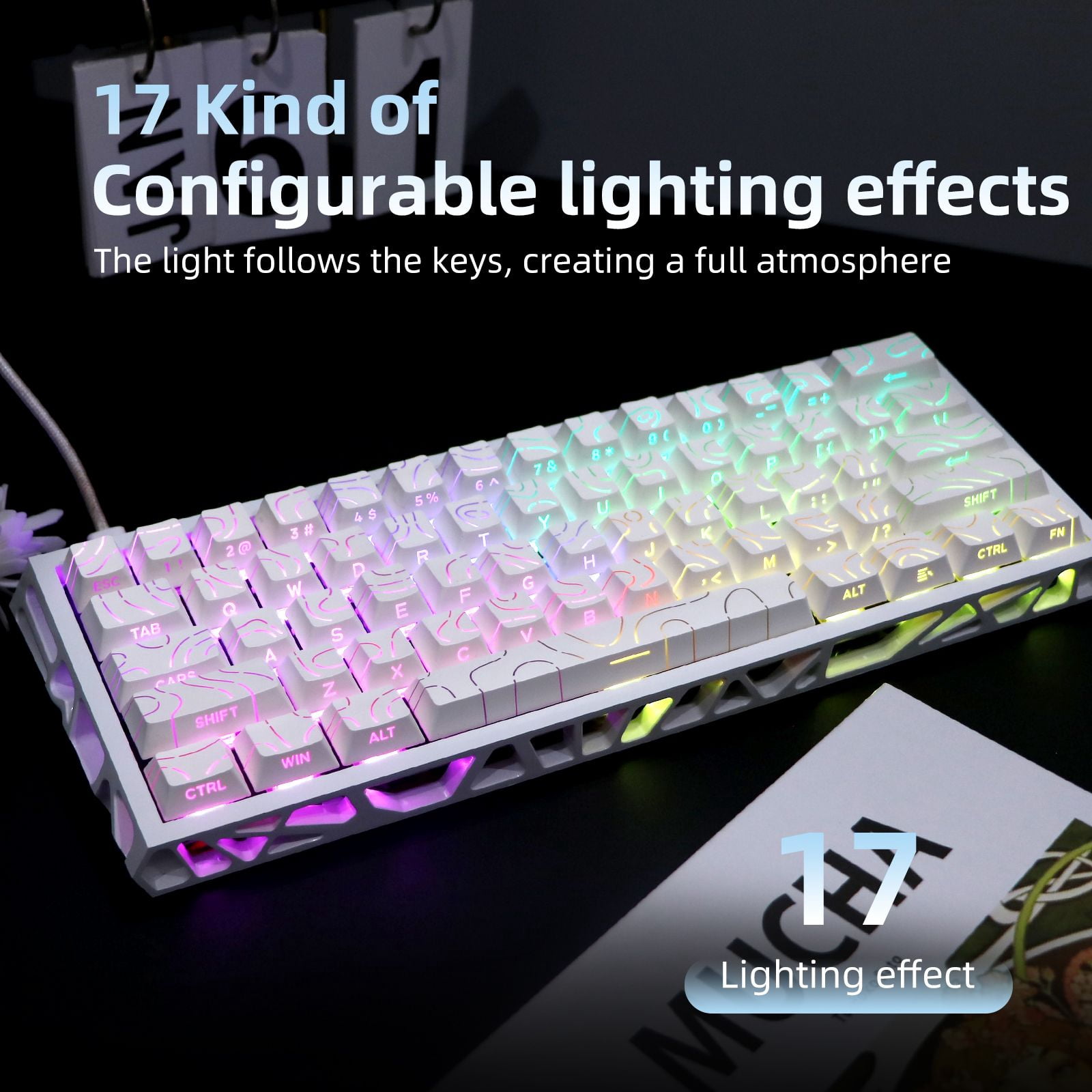 61 Keys Mechanical Keyboard, 60% Layout, Hollow Shell in 6 Colors, RGB Backlit, Full N-Key Rollover, Hot-Swappable Linear Red Switch, Backlit PBT Keycaps