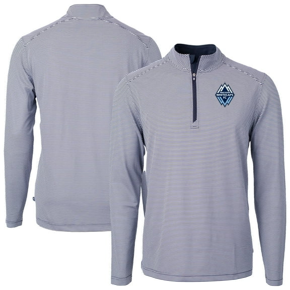 Men's-Cutter & Buck  Navy Vancouver Whitecaps FC Virtue Eco Pique Micro Stripe Recycled Quarter-Zip Pullover Top