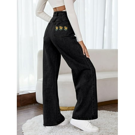 Customer Favorite Black Women s Floral Embroidery Wide Leg Jeans 2022 L ...