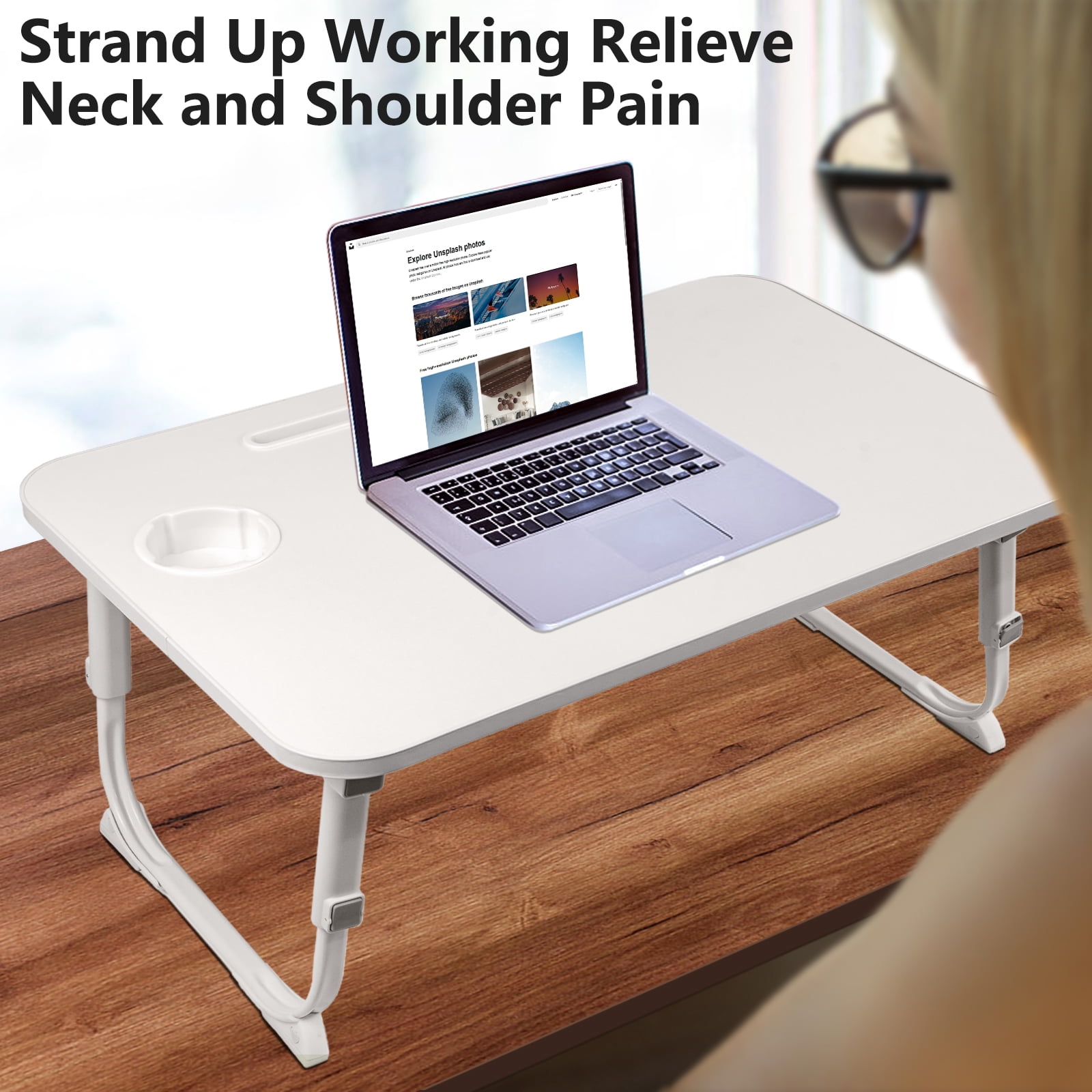 Yoneston Folding Laptop Bed Table, 23.6inch Portable Bed Tray Height Adjustable Laptop Desk with iPad Slots, Drawer and Cup Holder for Working Reading Writing, Eating, Watching-White