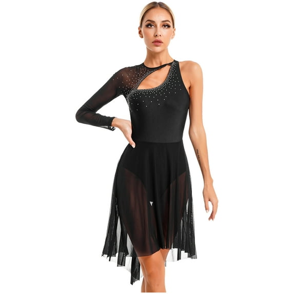 YEAHDOR Womens One Shoulder Figure Ice Skating Dress Costume Rhinestones Backless Dance Leotard