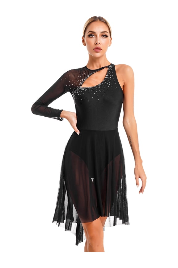 Womens One Shoulder Figure Ice Skating Dress Costume Rhinestones Backless Dance Leotard