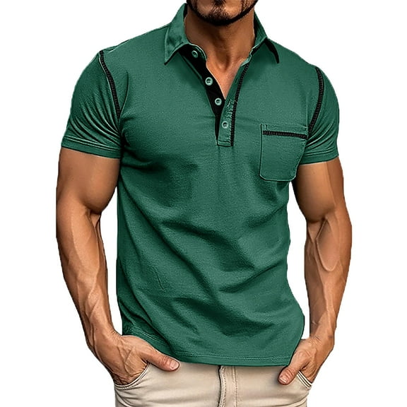 Daznico Mens Shirts - Men Short Sleeve Solid Color Pocket Stripe Stitching Raglan Sleeve Top - Shirts for Men,Color:Dark Green,Size:XXL