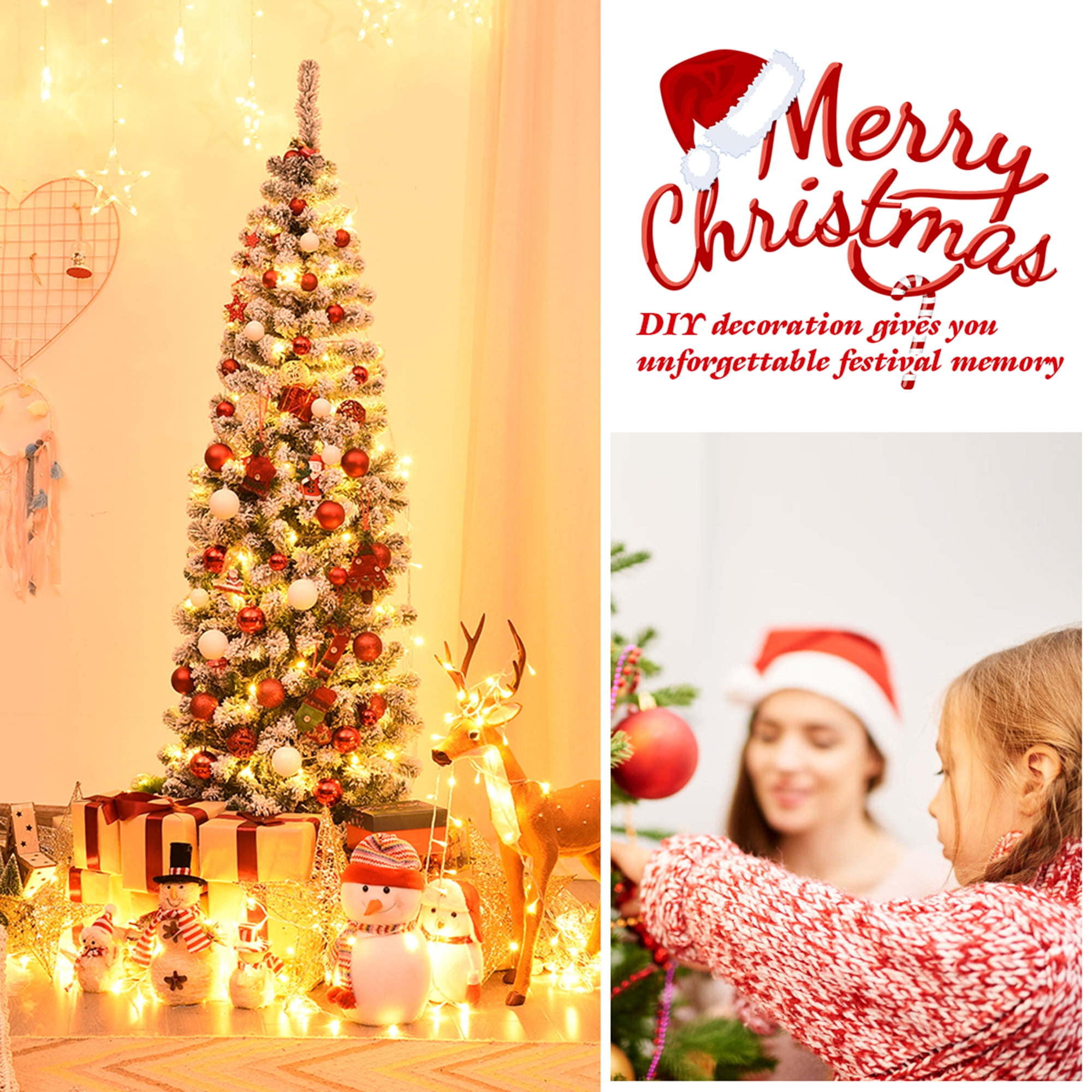 Gymax 6ft Pre-lit Pencil Snow Flocked Pencil Christmas Tree Holiday Decoration