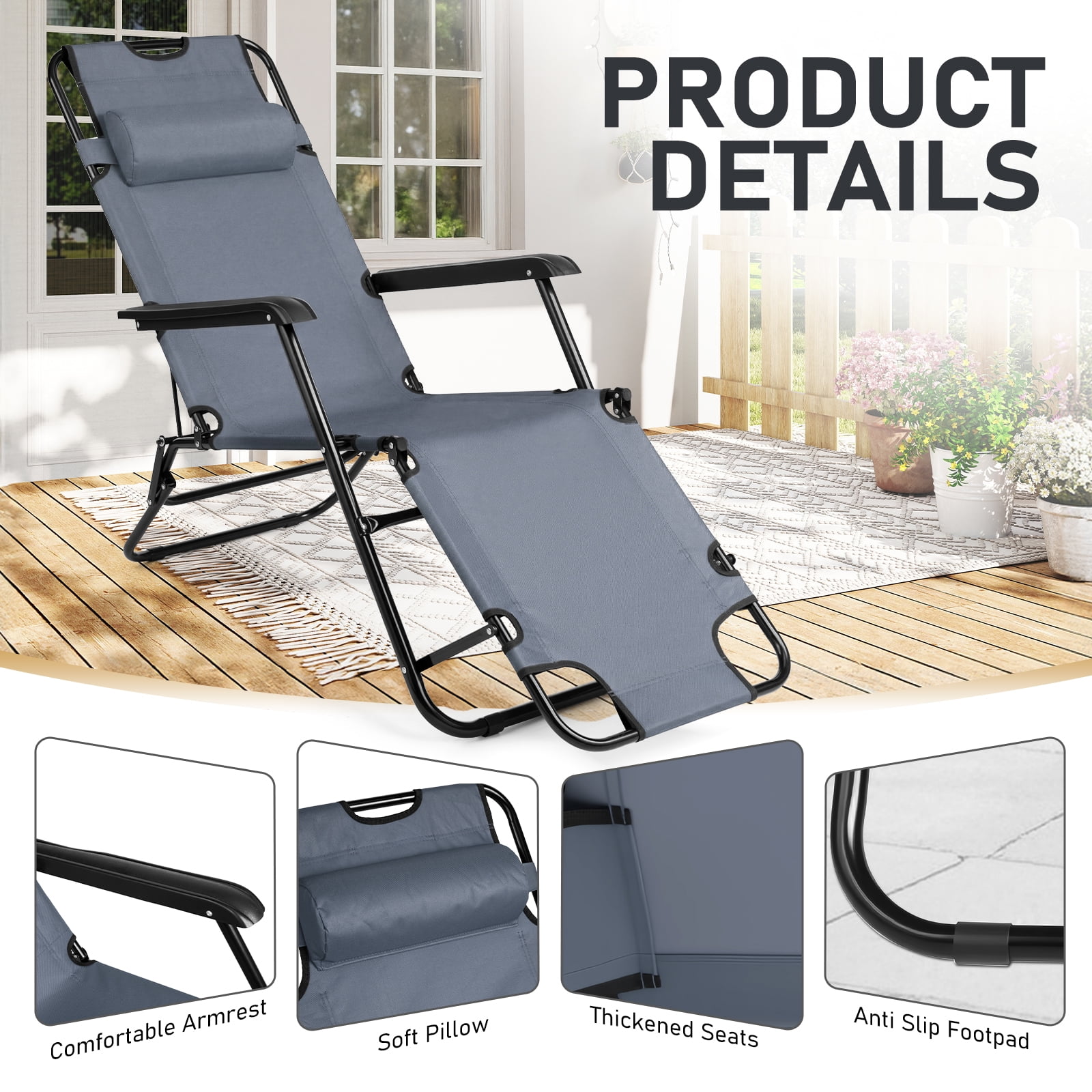 UBesGoo 2-Position Adjustable Backrest Chaise Chair, Lightweight Tanning Chair with Pillow, Sun Recliner for Indoor Outdoor - Black