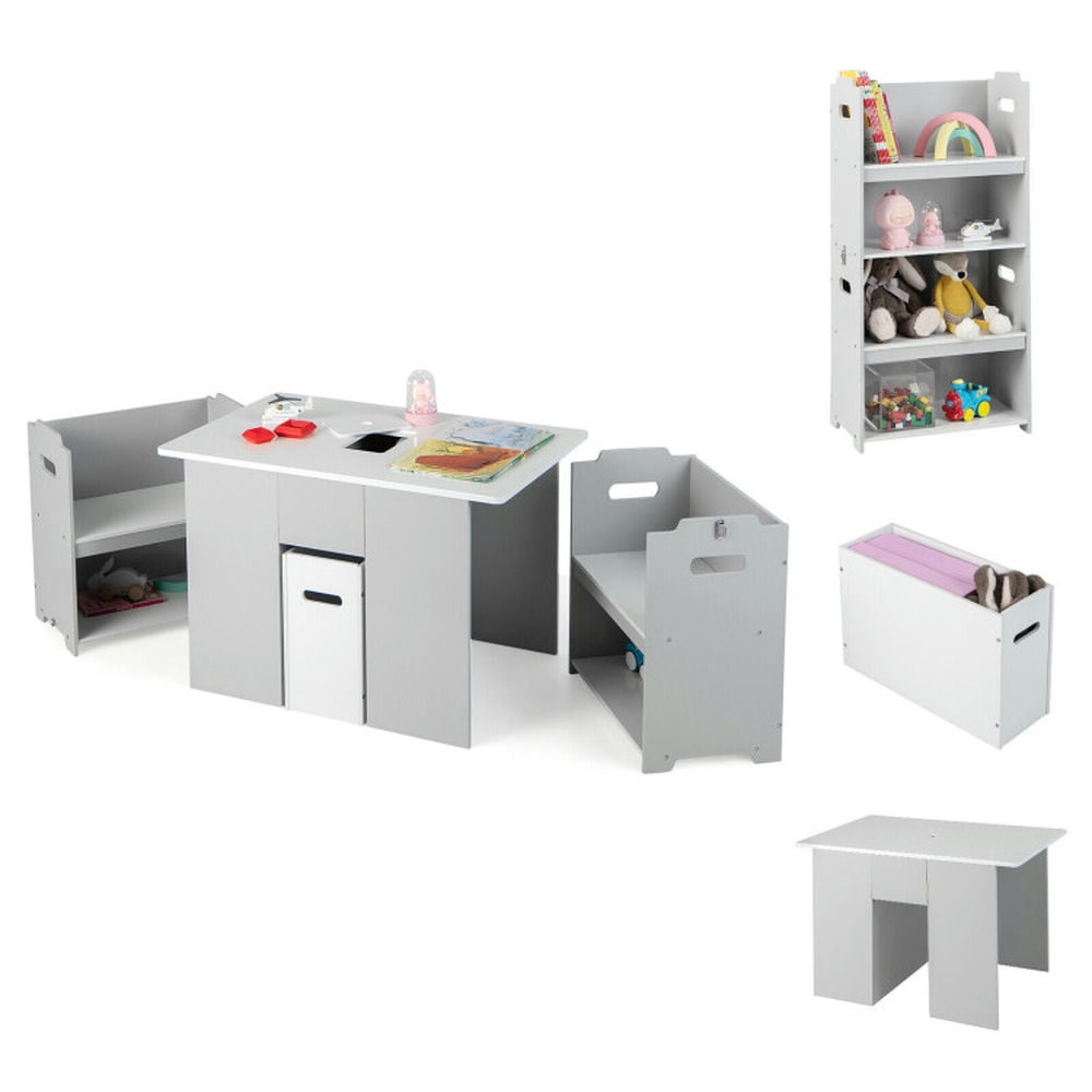 Spaco 4-in-1 Kids Table and Chairs with Multiple Storage for Learning-Gray, Toddler Table and Chair Set for Arts & Crafts, Snack Time, Homeschooling, Homework