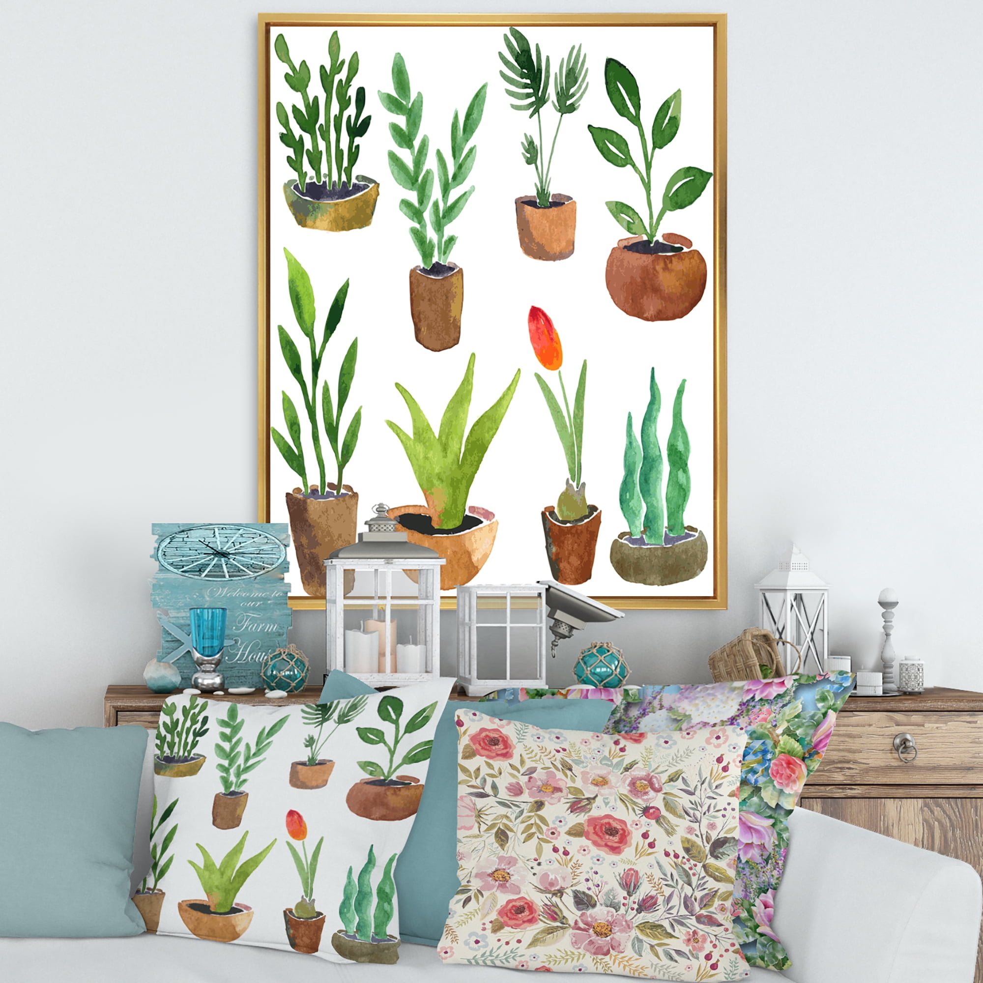 Designart 'Eight House Plants In Claypots' Traditional Framed Canvas Wall Art Print