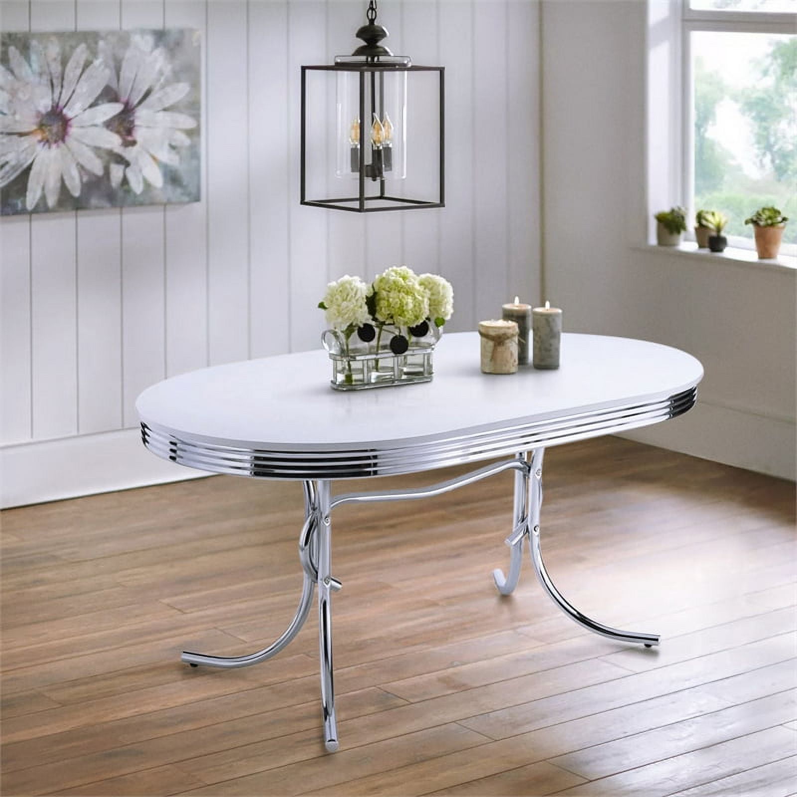 Bowery Hill Retro Chrome Plated Oval Dining Table in White