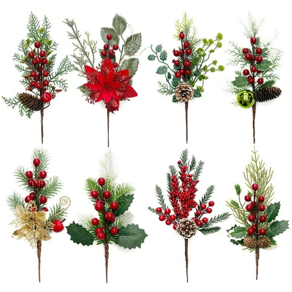 Januofit 8Pcs Artificial Christmas Picks - Assorted Red Berry Picks Stems & Faux Pine Picks Spray with Pinecones, Apples & Holly Leaves for Stunning Holiday Décor & Wreath Creations!
