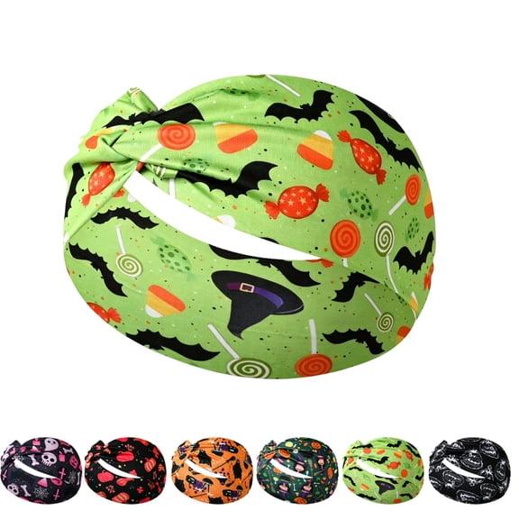 LTTVQM Elastic Soft Halloween Pumpkin Print Wide Knotted Headbands Women Daily Running Fitness Hair Band Accessories