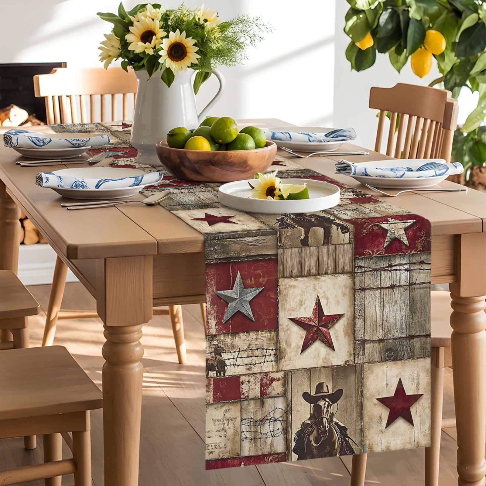 Vintage Texas Western Country Star Table Runner 90 Inches Long, Cowboy Horse Wooden Plank Table Runners Tabletop Scarf Kitchen Dining Tables Decoration for Home Party Indoor Outdoor