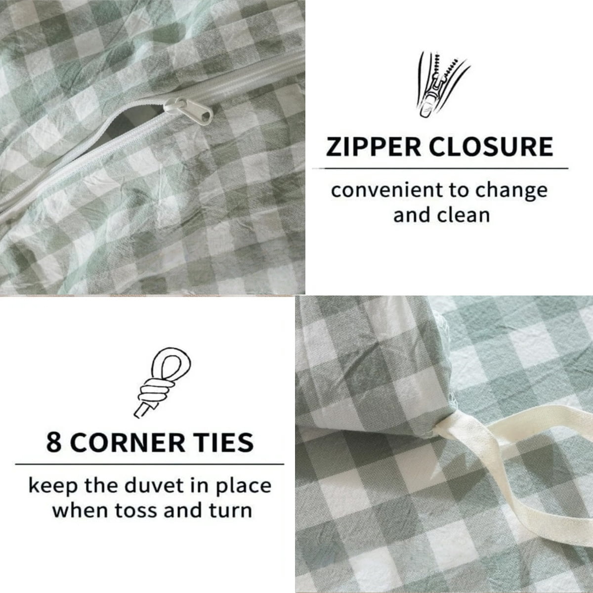 NAYOROOM 100% Organic Cotton Gingham Duvet Cover Twin Set, 2-Piece Linen Like Textured Breathable Soft Bedding Cover（Sage Green Gingham）