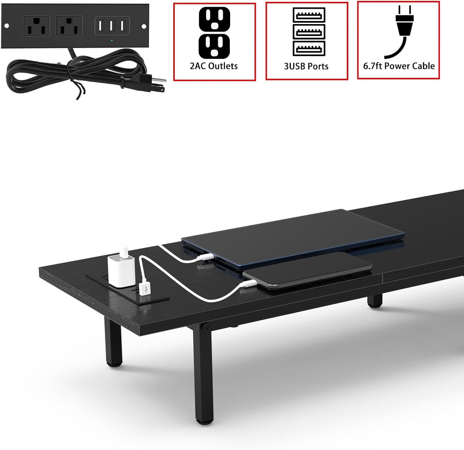 Dual Monitor Stand Riser, 37.5" Desktop Organizer for 2 Monitors Wood & Steel TV/Laptop/Printer Holder with Integrated USB Ports Black