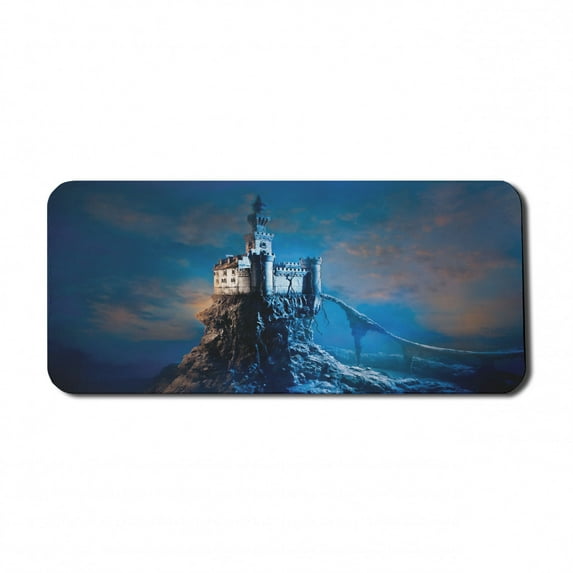 Fantasy Computer Mouse Pad, Old Castle on a Rocky Hill Top Mysterious Medieval Architecture, Rectangle Non-Slip Rubber Mousepad X-Large, 35" x 15" Gaming Size, Blue Pale Orange Cream, by Ambesonne