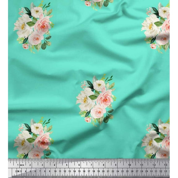 Soimoi Green Cotton Poplin Fabric Leaves & Begonia Floral Print Fabric by the Yard 56 Inch Wide