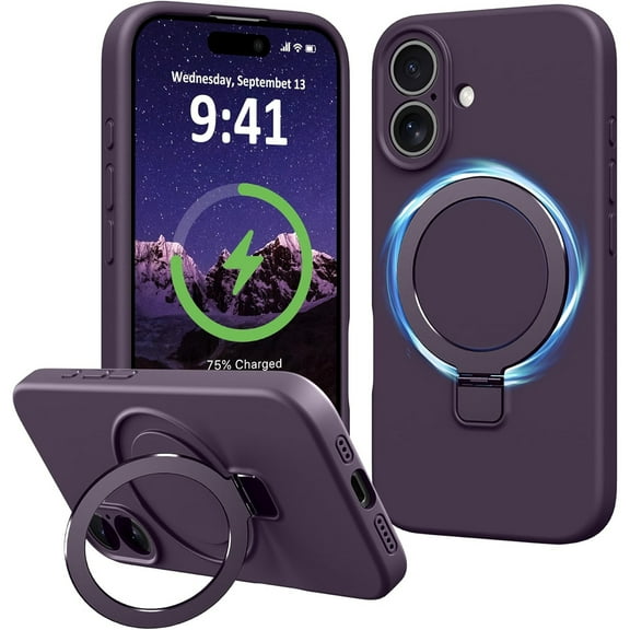 Dteck for iPhone 16 Case with Stand, Slim Liquid Silicone Phone Cases for iPhone 16 Compatible with MagSafe Magnetic Ring Kickstand Case Full Camera Protection,Deep Purple