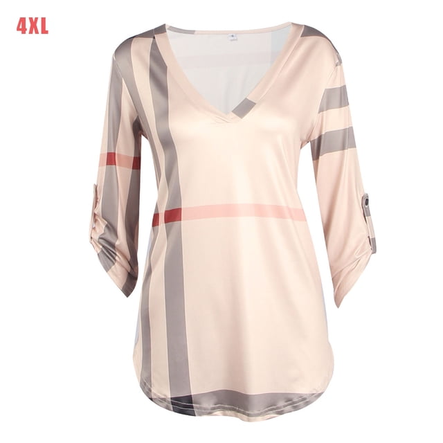 Camiseta con estampado a cuadros Mujer Otoño Manga 3/4 Blusa con cuello en V profundo Top suelto Advancent AP000101-14B
