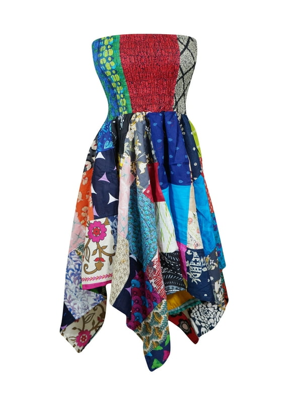 Womens Patchwork HANKY Skirt, Colorful Ruched Boho Dress S/M