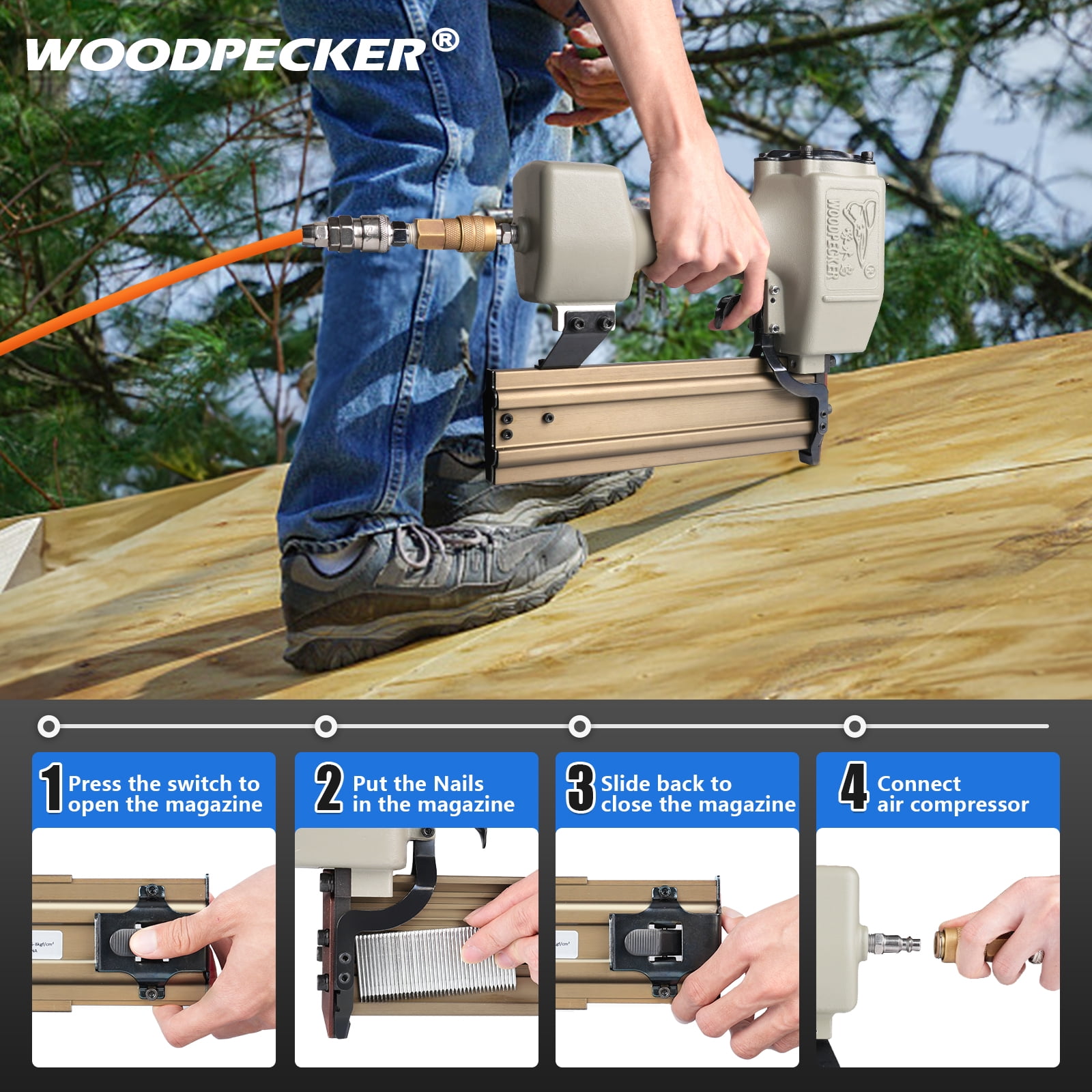 WOODPECKER ST64 Pneumatic Concrete T Nailer, 14 Gauge 3/4" to 1-1/2" Heavy Duty Air Concrete Nail Gun for hardwood nailing, Masonry, Cement, Concrete Brick Nailing