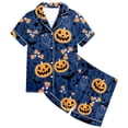 thumbnail image 4 of LIIPEE Girls Halloween Pajamas Cute Cartoon Graphic Print Short Sleeve Flat Collar Button Down Shirts And Shorts Sleepwear 2 Piece Set Kids Comfortable Holiday Party Nightwear,8-9 Years, 4 of 4